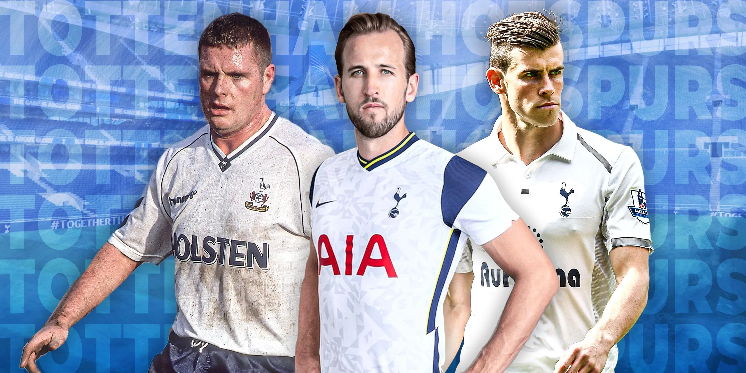 Hình ảnh tổng hợp các cầu thủ huyền thoại của Tottenham như Paul Gascoigne, Harry Kane và Gareth Bale