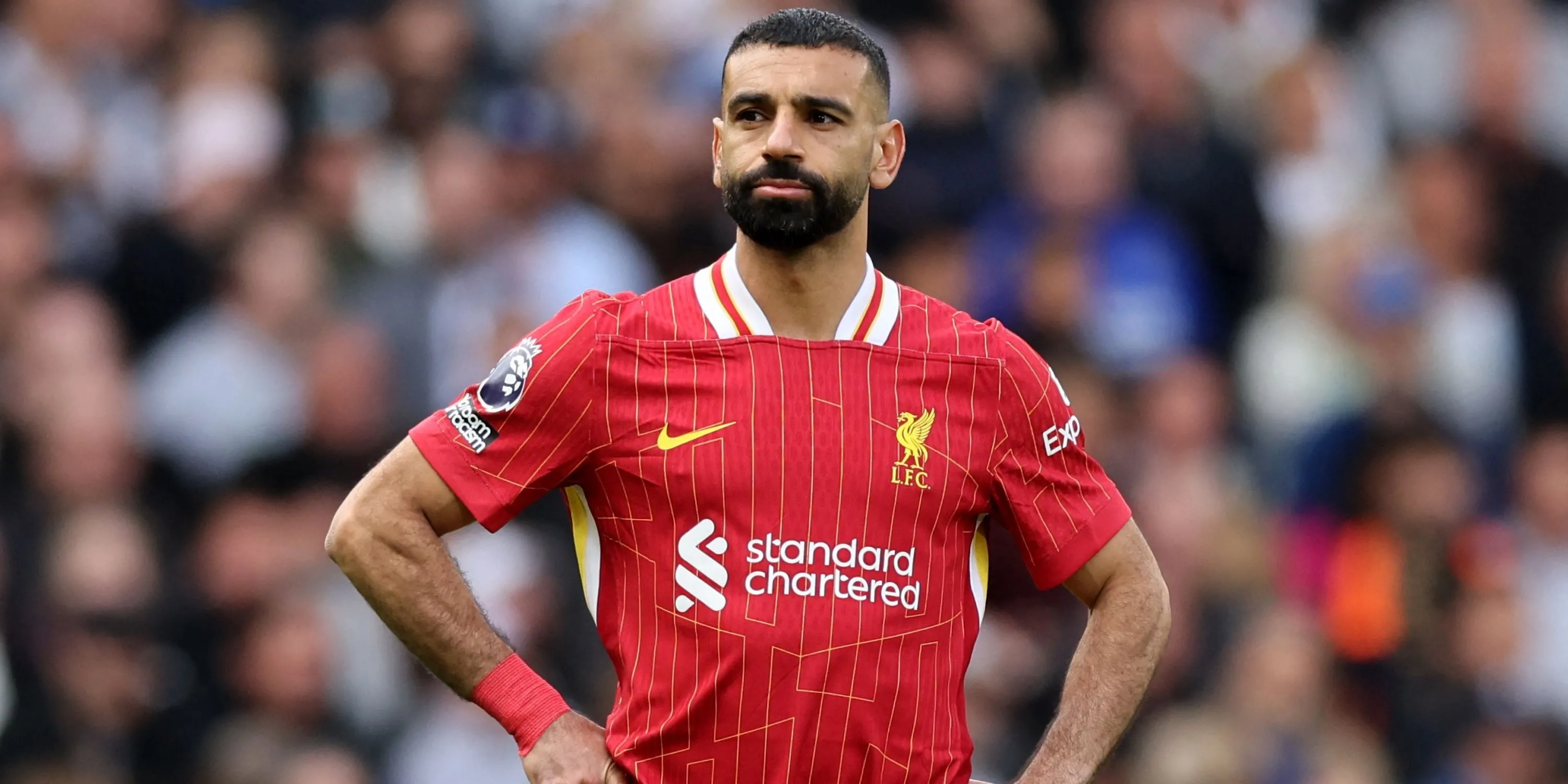 Tiền đạo Mohamed Salah của Liverpool phản ứng sau khi bị thủng lưới