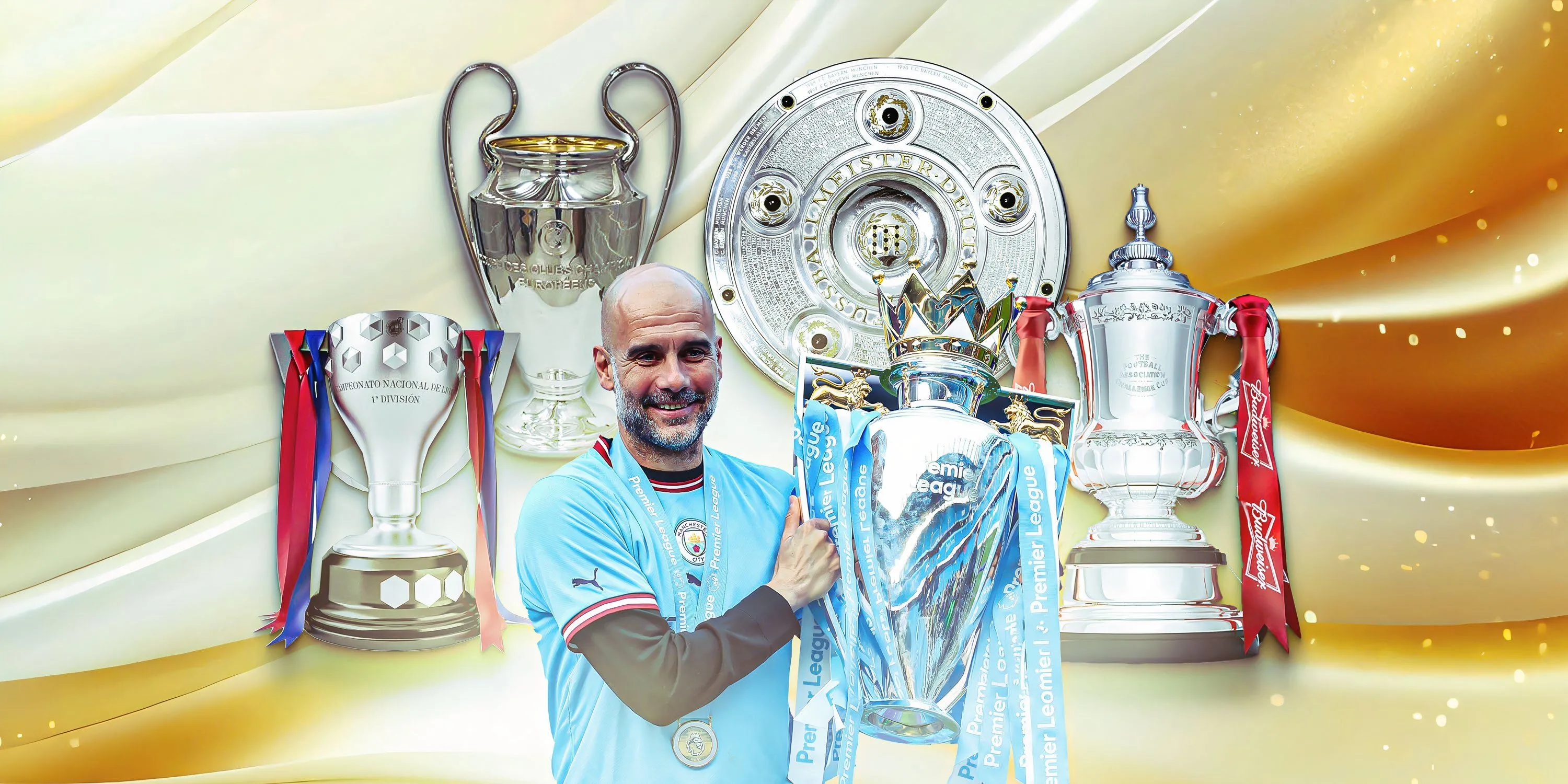 Hình ảnh tổng hợp các danh hiệu Pep Guardiola giành được trong sự nghiệp huấn luyện, bao gồm Premier League và Champions League